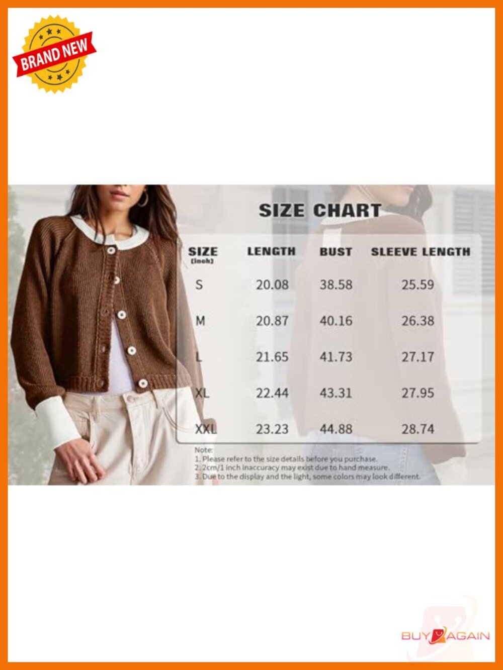Cropped Cardigan Sweater Long Sleeve Button Down Color Block Knit Outwear - Picture 3 of 5